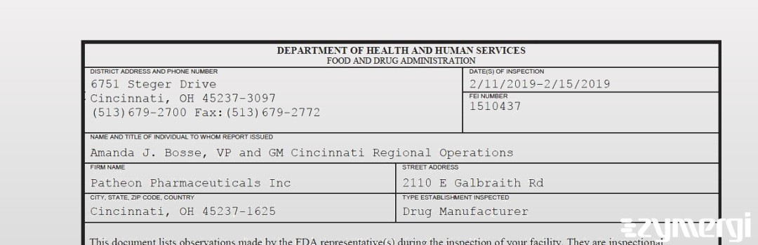 FDANews 483 Patheon Pharmaceuticals Inc. Feb 15 2019 top