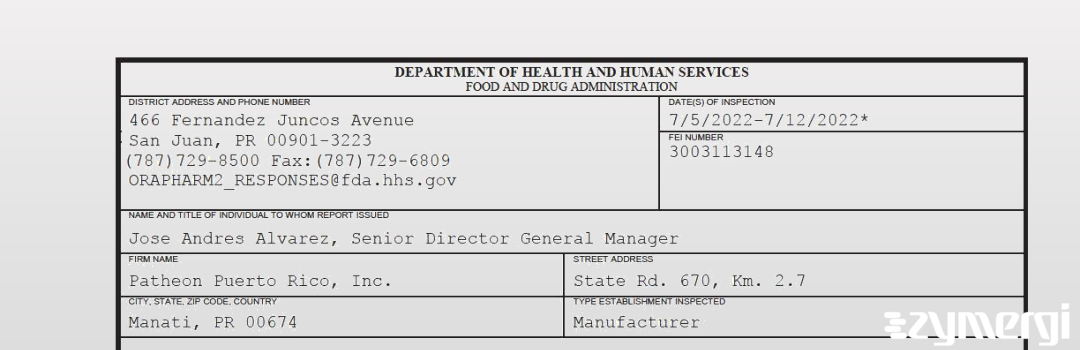 FDANews 483 Patheon Puerto Rico Inc. Jul 12 2022 top