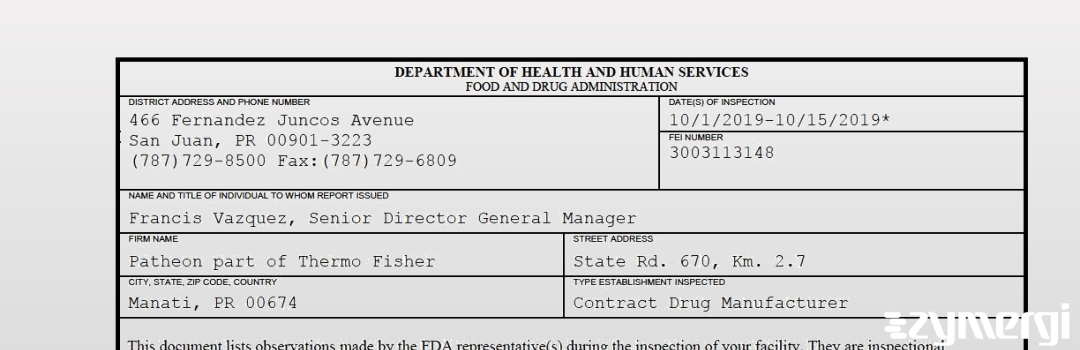 FDANews 483 Patheon Puerto Rico Inc. Oct 15 2019 top