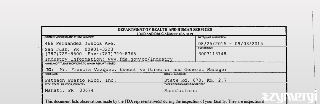 FDANews 483 Patheon Puerto Rico Inc. Sep 3 2015 top