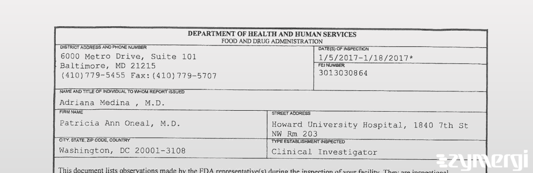 FDANews 483 Patricia Ann Oneal, M.D. Jan 18 2017 top