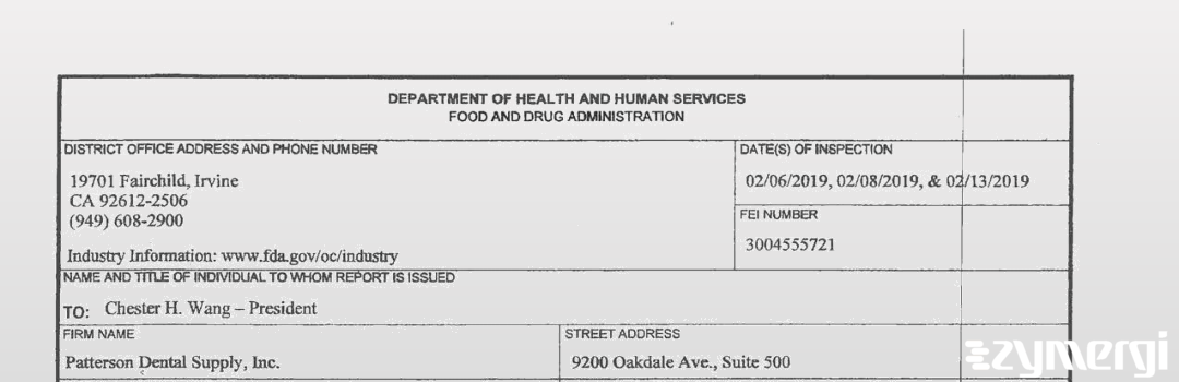 FDANews 483 Patterson Dental Supply Inc., Feb 13 2019 top