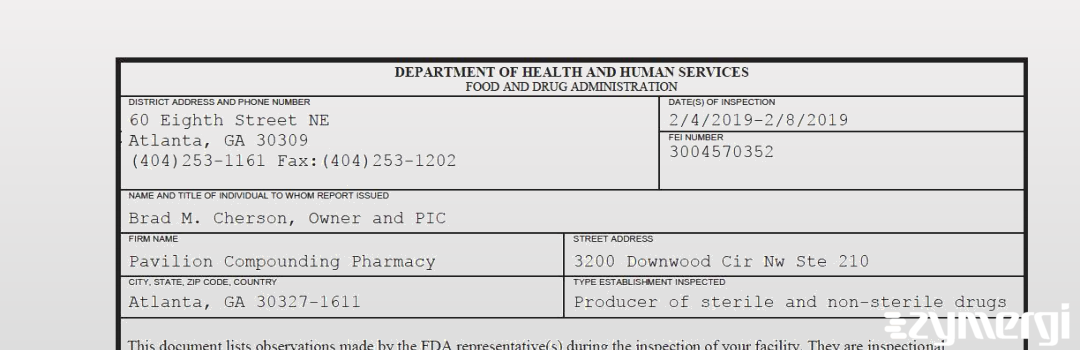 FDANews 483 Pavilion Compounding Pharmacy Feb 8 2019 top