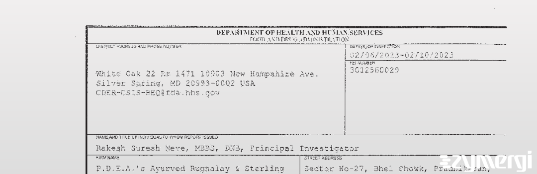 FDANews 483 P.D.E.A.'s Ayurved Rugnalaya & Sterling Multispeciality Hospital Feb 10 2023 top