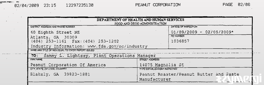 FDANews 483 Peanut Corporation Of America Feb 5 2009 top