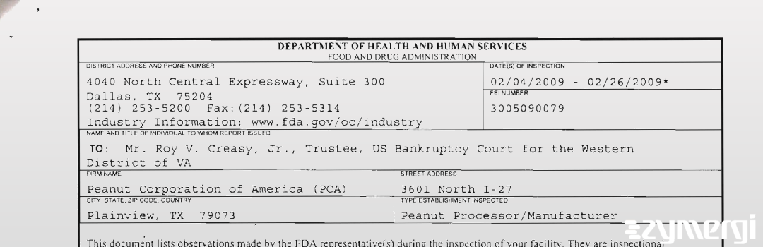 FDANews 483 Peanut Corporation of America (PCA) Feb 26 2009 top