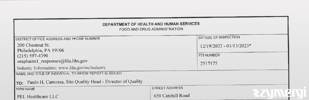 FDANews 483 PEL Healthcare LLC Jan 13 2023 top