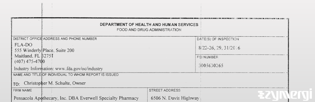 FDANews 483 Pensacola Apothecary, Inc.  DBA Everwell Specialty Pharmacy Aug 31 2016 top