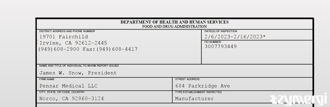 FDANews 483 Pensar Medical LLC Feb 16 2023 top