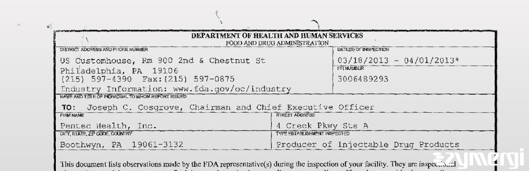 FDANews 483 Pentec Health Apr 1 2013 top