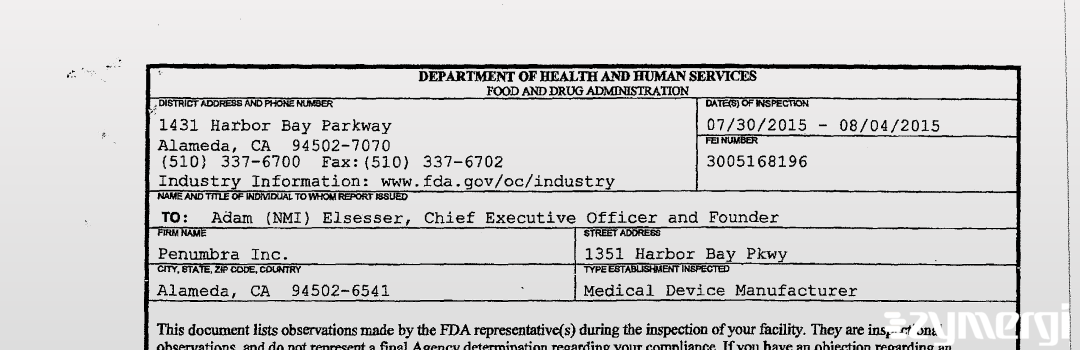 FDANews 483 Penumbra Inc. Aug 4 2015 top