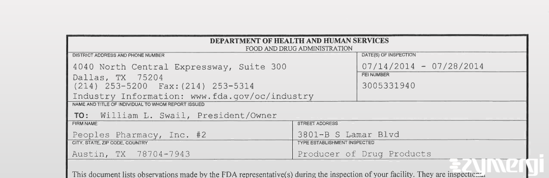 FDANews 483 Peoples Pharmacy, Inc. #2 Jul 28 2014 top