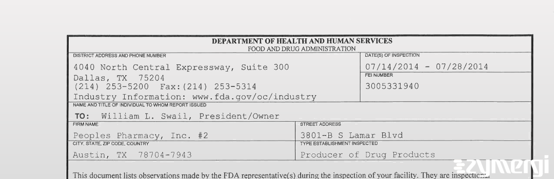 FDANews 483 Peoples Pharmacy, Inc. #2 Jul 28 2014 top