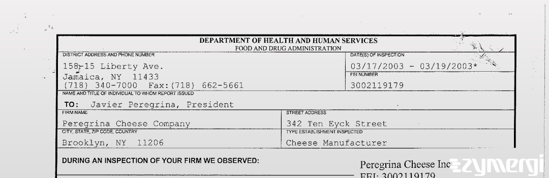 FDANews 483 Peregrina Cheese Corp. Mar 19 2003 top