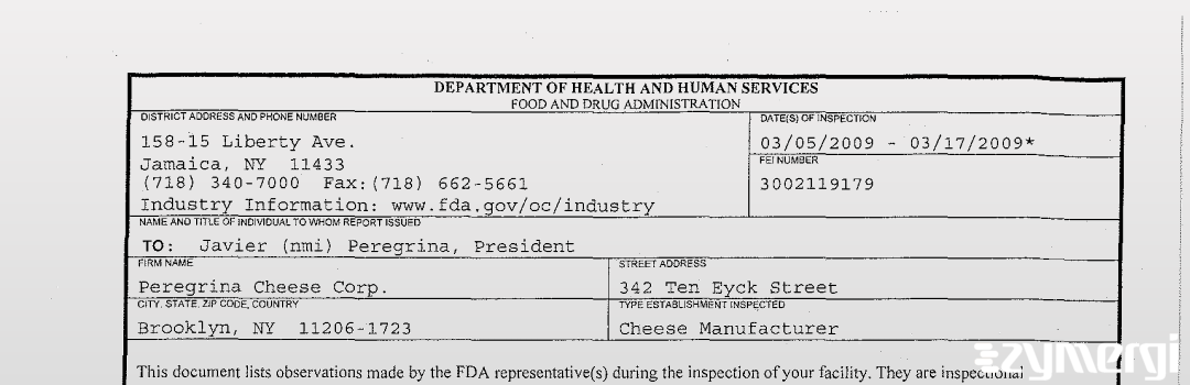 FDANews 483 Peregrina Cheese Corp. Mar 17 2009 top