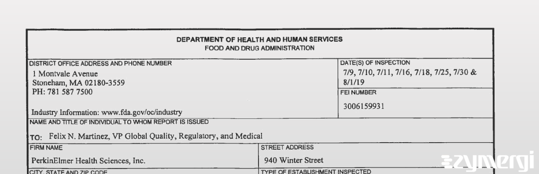 FDANews 483 PerkinElmer Health Sciences, Inc. Aug 1 2019 top