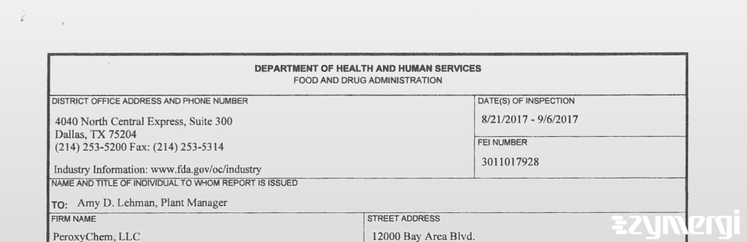 FDANews 483 PeroxyChem LLC Sep 6 2017 top