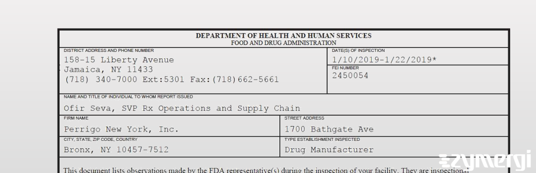 FDANews 483 Perrigo New York, Inc. Jan 22 2019 top