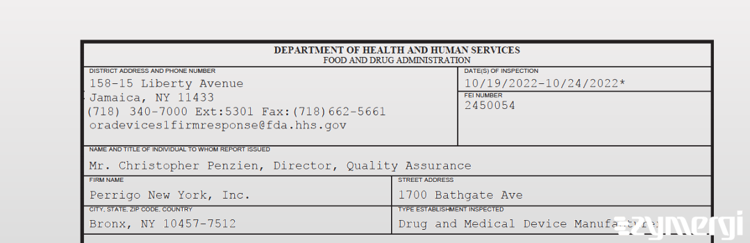 FDANews 483 Perrigo New York, Inc. Oct 24 2022 top