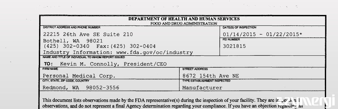 FDANews 483 Personal Medical Corp. Jan 22 2015 top