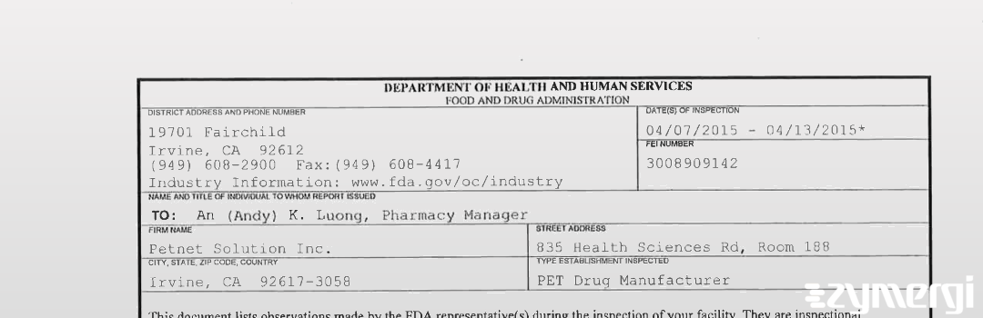 FDANews 483 Petnet Solution Inc. Apr 13 2015 top