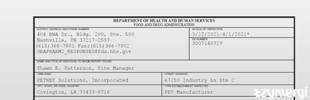 FDANews 483 PETNET Solutions, Incorporated Apr 1 2021 top