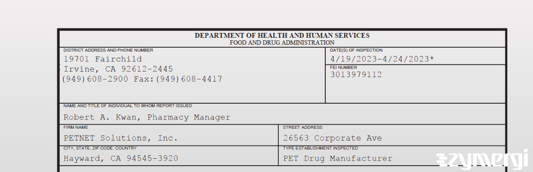 FDANews 483 PETNET Solutions, Inc. Apr 24 2023 top