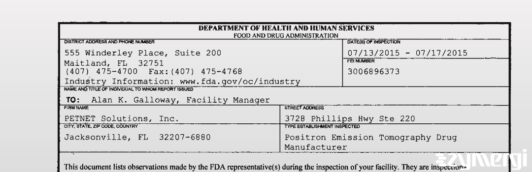 FDANews 483 PETNET Solutions, Inc. Jul 17 2015 top