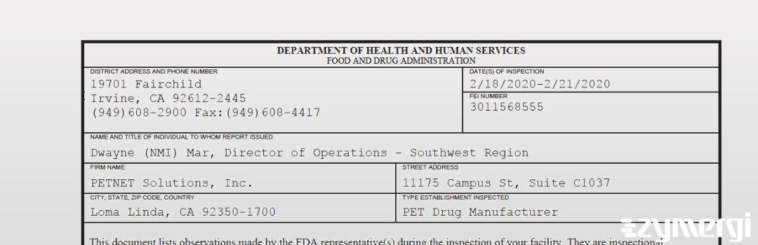 FDANews 483 PETNET Solutions, Inc. Feb 21 2020 top