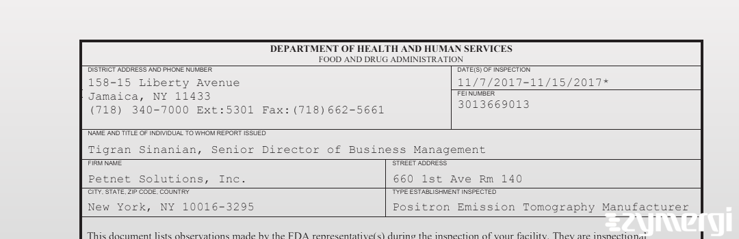 FDANews 483 PETNET Solutions, Inc. Nov 15 2017 top