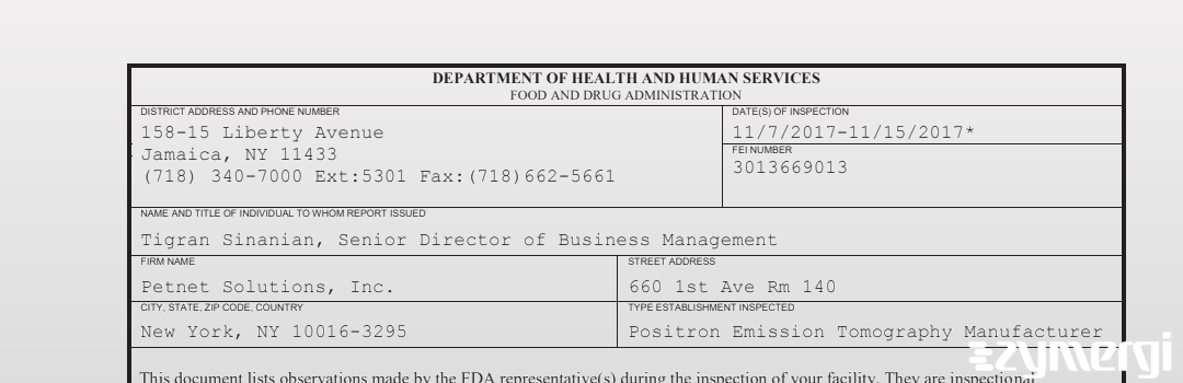 FDANews 483 PETNET Solutions, Inc. Nov 15 2017 top