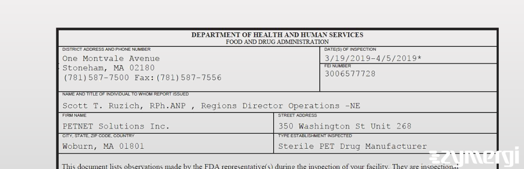 FDANews 483 PETNET Solutions, Inc. Apr 5 2019 top