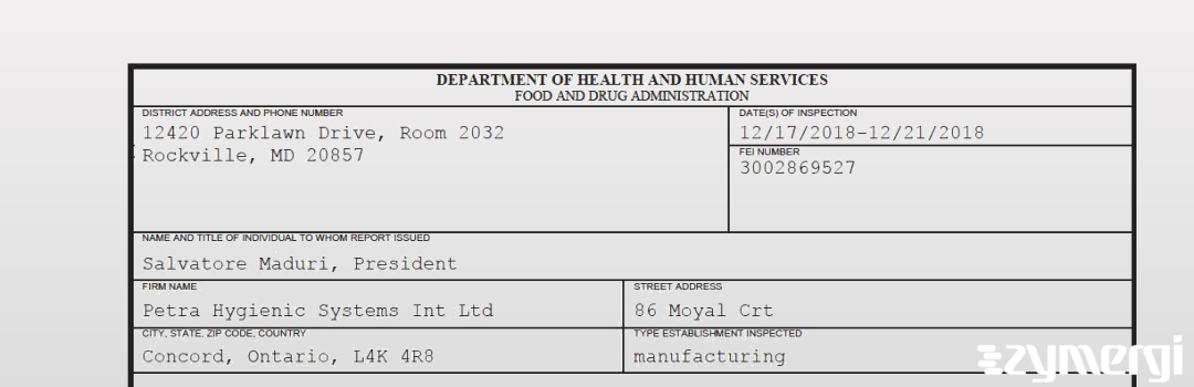 FDANews 483 Petra Hygienic Systems Int Ltd Dec 21 2018 top