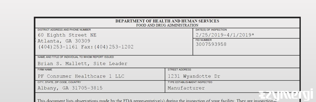 FDANews 483 PF Consumer Healthcare 1 LLC Apr 1 2019 top