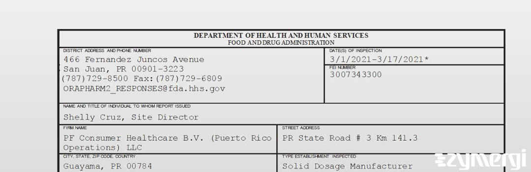 FDANews 483 PF Consumer Healthcare B.V. (Puerto Rico Operations) LLC Mar 17 2021 top