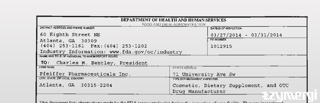 FDANews 483 Pfeiffer Pharmaceuticals Inc. Mar 31 2014 top