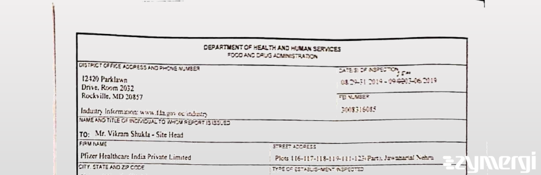 FDANews 483 Pfizer Healthcare India Private Limited Sep 6 2019 top