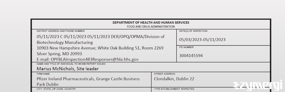 FDANews 483 Pfizer Ireland Pharmaceuticals May 11 2023 top