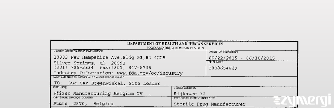 FDANews 483 Pfizer Manufacturing Belgium NV Jun 30 2015 top