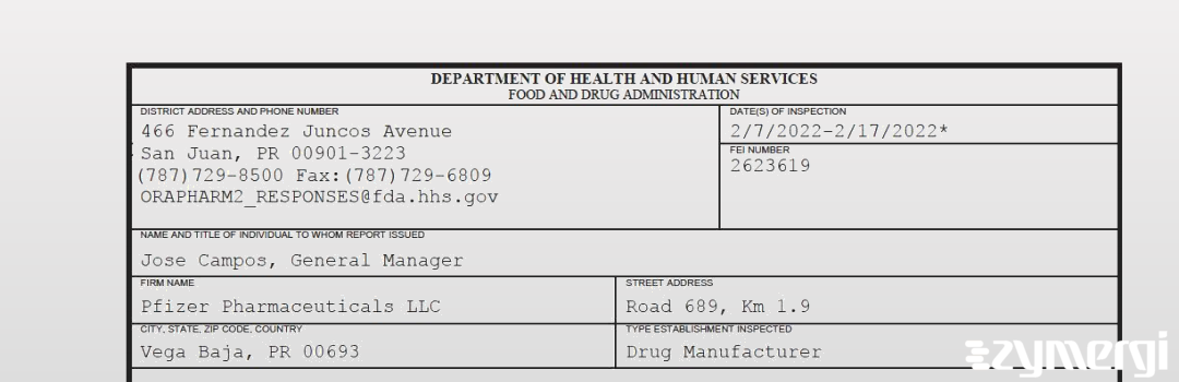 FDANews 483 Pfizer Pharmaceuticals LLC Feb 17 2022 top