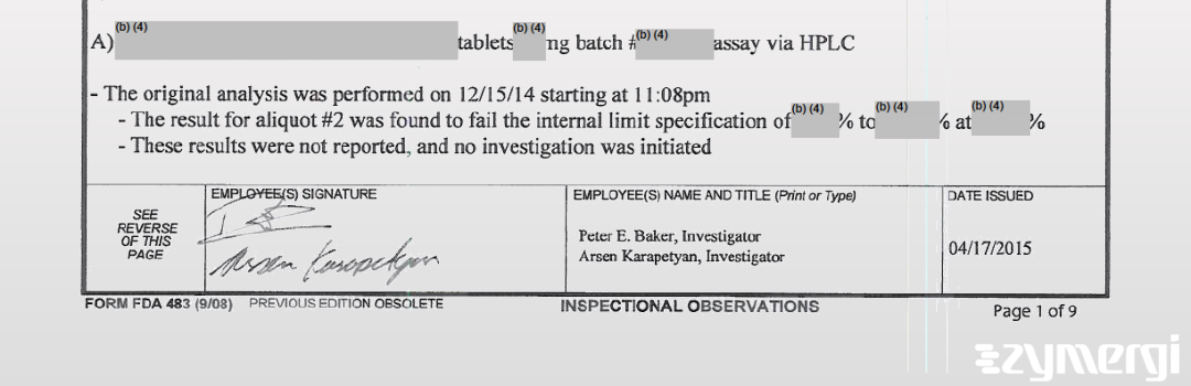 Arsen Karapetyan FDA Investigator Peter E. Baker FDA Investigator
