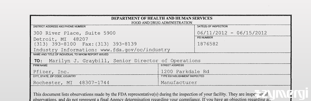 FDANews 483 Pfizer Inc Jun 15 2012 top