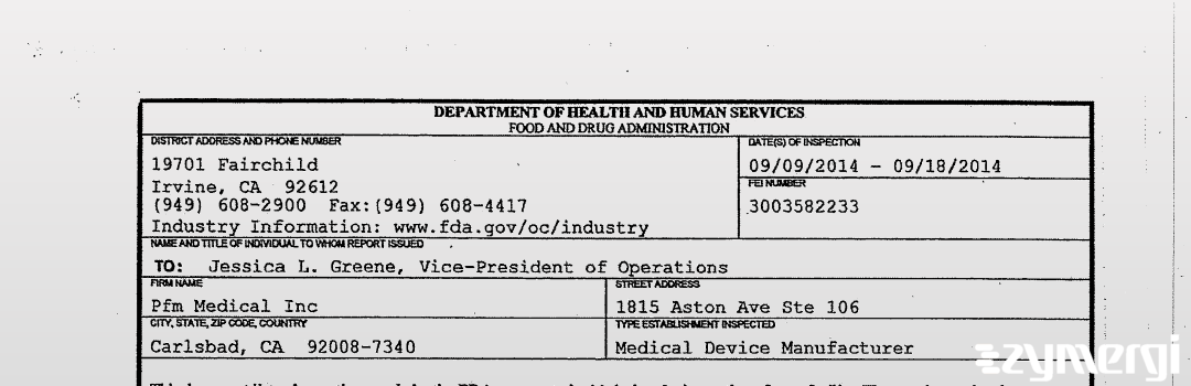 FDANews 483 PFM MEDICAL INC. Sep 14 2014 top