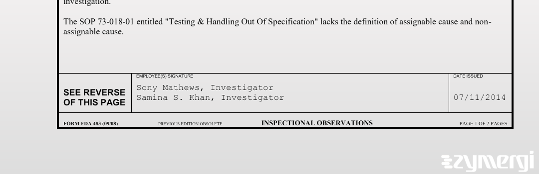 Sony Mathews FDA Investigator Samina S. Khan FDA Investigator