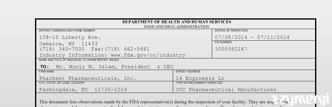 FDAzilla 483 Pharbest Pharmaceuticals, Inc. Jul 11 2014 top