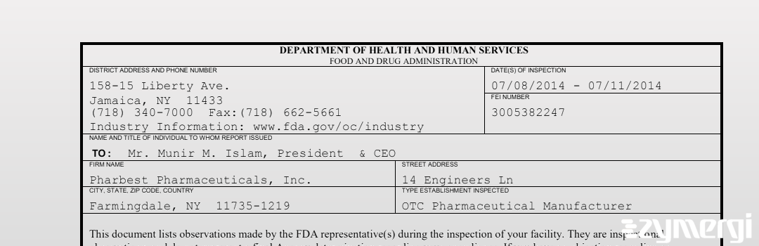 FDANews 483 Pharbest Pharmaceuticals, Inc. Jul 11 2014 top