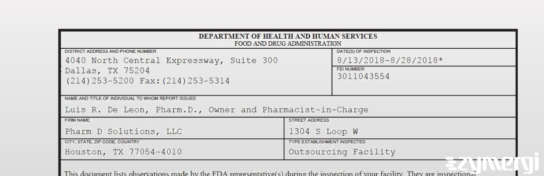 FDANews 483 Pharm D Solutions, LLC Aug 28 2018 top