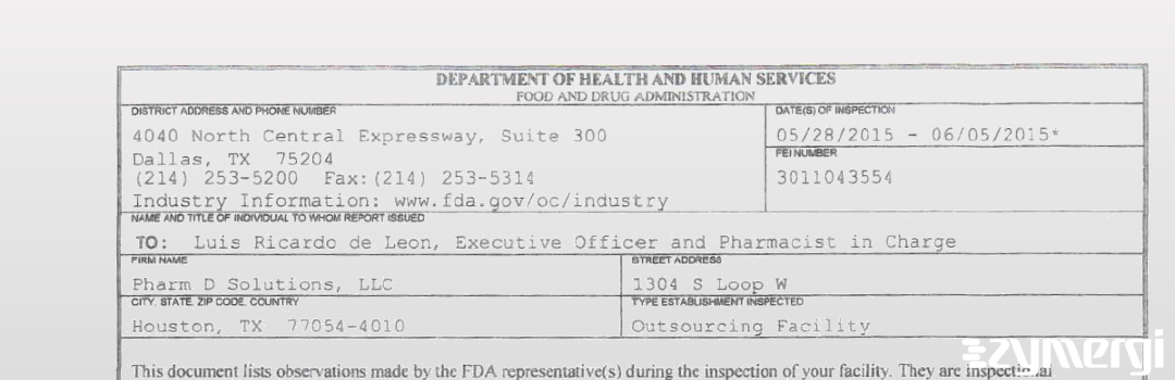 FDANews 483 Pharm D Solutions, LLC Jun 5 2015 top