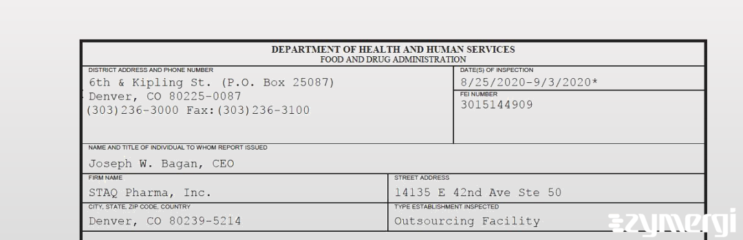 FDANews 483 STAQ Pharma, Inc. Sep 3 2020 top