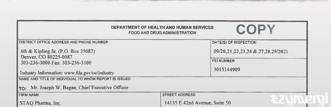 FDANews 483 STAQ Pharma, Inc. Sep 29 2021 top